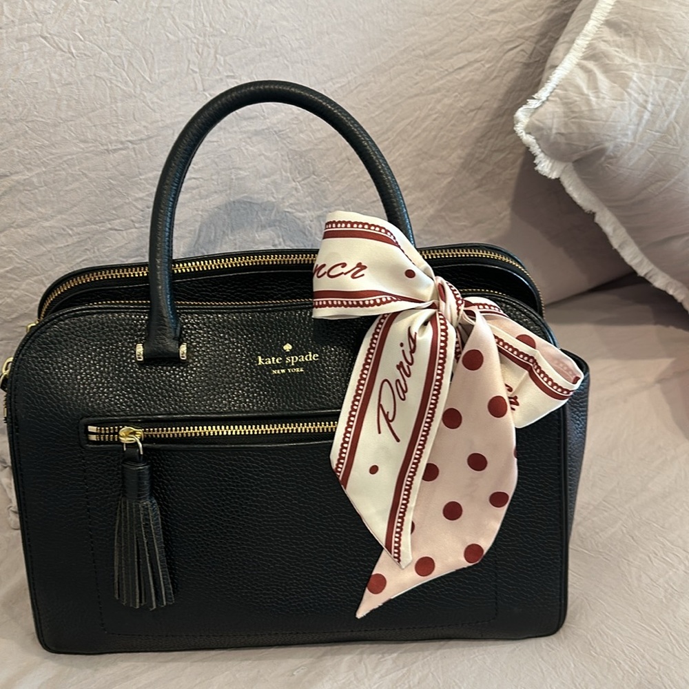 SOLD - Kate Spade Black Pebbled leather satchel with Charm or Bag scarf - Picture 4 of 16